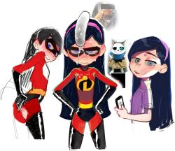 1girls ass blue_eyes blush cellphone chi-iz closed_mouth cum facial female hairband highres open_mouth penis penis_on_head phone pixar purple_hairband sans superhero teeth the_incredibles variations violet_parr white_background