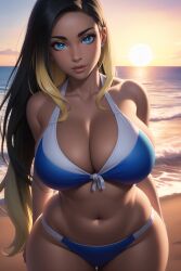 1girls ai_generated beach big_breasts black_hair blonde_hair blue_eyes cleavage curvaceous curvy dark_skin ear_piercings female_only hips_wider_than_shoulders long_hair midriff ombre_hair solo_female stable_diffusion sunset swimsuit tied_top wgenjoyr4539