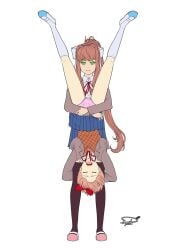 2018 2girls blue_skirt bow cardigan closed_eyes color deyvidson doki_doki_literature_club eyes_closed female female_only green_eyes hair_bow hairbow holding_person long_hair monika_(doki_doki_literature_club) mouth_open open_mouth panties pink_panties red_bow red_hair_bow red_hairbow sayori_(doki_doki_literature_club) shoes skirt white_background