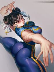 1girls asian asian_female ass athletic_female big_ass big_breasts breasts brown_eyes brown_hair busty capcom chun-li female flexible huge_ass huge_breasts light-skinned_female light_skin plump_ass sayanestia simple_background slim_waist street_fighter street_fighter_alpha thick_ass thick_thighs tight_clothing twin_buns voluptuous wide_hips