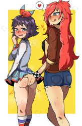 2girls ass_grab black_hair blue_eyes blush breath female female_only heart jean_shorts mrchuuni multiple_girls original red_hair ribbon skirt socks yuri