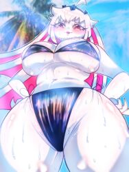 artist_signature bikini blush breasts friday_night_funkin hands_on_hips huge_breasts low-angle_view monpopo358 nikusa_(fnf) nikusa_(sugarratio) open_mouth red_eyes side-tie_bikini solo thick_thighs thighs very_long_hair voluptuous wide_hips