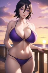 1girls ai_generated beach bikini black_hair bleach boardwalk female_only hair_between_eyes huge_breasts kuchiki_rukia short_hair solo_female stable_diffusion sunset voluptuous wgenjoyr4539