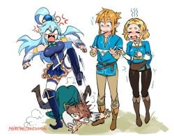 2boys 2girls absurdres anger_vein angry aqua_(konosuba) artist_name bare_shoulders belt black_pants blonde_hair blood blue_hair blue_skirt blue_tunic blush boots bow breasts breath_of_the_wild brown_belt brown_footwear brown_pants cape crossover detached_sleeves full_body funny grass green_bow green_cape hair_ornament highres holding holding_clothes holding_panties holding_underwear jewelry kicking kono_subarashii_sekai_ni_shukufuku_wo! link link_(breath_of_the_wild) long_hair looking_down motion_blur motion_lines multiple_boys multiple_girls panties pants patreon_username pointy_ears princess_zelda rectangular_mouth satou_kazuma shirt skirt sleeveless sleeveless_shirt snegovski standing sweat sweatdrop tearing_up tears_of_the_kingdom the_legend_of_zelda the_legend_of_zelda:_breath_of_the_wild thighhighs thighhighs_under_boots trembling underwear wavy_mouth white_background white_panties white_sleeves white_thighhighs zelda_(tears_of_the_kingdom)