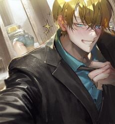 ass ass_focus bent_over big_ass blonde_hair blue_eyes blush bubble_butt business_suit grin half-closed_eyes looking_at_viewer male male_only mirror mirror_reflection multiple_views naughty_face necktie necktie_pull nori31291404 one_piece pre-timeskip selfie smile solo suit thick_thighs underwear vinsmoke_sanji