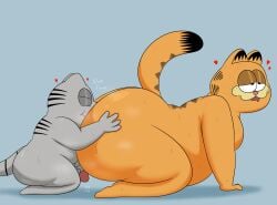 2023 absurd_res all_fours anal anthro ass big_butt black_stripes black_tail blue_background bodily_fluids closed_eyes colossalstars digital_media_(artwork) domestic_cat duo fat felid feline felis fur garfield_(series) garfield_the_cat genitals grey_body grey_ears grey_fur grey_tail half-closed_eyes hand_on_butt hand_on_ground hand_on_penis happy heart hi_res huge_butt kneeling looking_pleasured male male/male mammal markings masturbation narrowed_eyes nermal_(garfield) obese obese_anthro obese_male on_ground onomatopoeia oral orange_body orange_ears orange_fur orange_tail overweight overweight_anthro overweight_male penis pink_nose rimming sex simple_background size_difference sound_effects striped_markings striped_tail stripes superchub sweat tail tail_markings text thick_thighs two_tone_tail