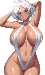 1girls absurdres alternate_version_available big_breasts blue_eyes breasts dark_skinned_female female gundam gundam_suisei_no_majo jasony secelia_dote short_hair sling_bikini thick_thighs white_hair