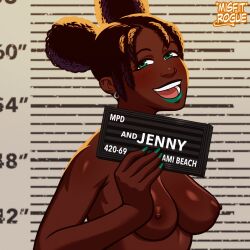 afro_puffs barbie_and_ken_mugshot_(meme) black_hair breasts casual dark-skinned_female dark_skin female green_eyes green_lipstick green_nail_polish green_nails human jenny_(misfitrogue242) misfitrogue242 mugshot nude smiling