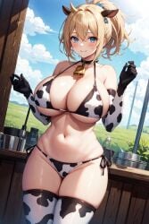 1girls 2023 ai_generated ai_hands anime_nose blonde_hair breasts_bigger_than_head cleavage clothed_female cow_ears cow_print cow_print_bikini cow_print_thighhighs cowbell curvaceous curvy_body curvy_figure female_focus female_only highres horned_female horned_humanoid huge_breasts short_hair single_horn solo_female solo_focus stable_diffusion voluptuous voluptuous_female