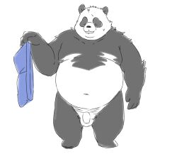 2023 anthro balls bear belly big_belly black_body black_nose closed_eyes flaccid genitals giant_panda hi_res inunoshippo kemono male mammal moobs navel overweight overweight_male penis simple_background solo white_background white_body