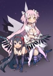 2girls akemi_homura akuma_homura big_breasts big_ribbon black_dress black_hair black_outfit dress exposed_breasts female females females_only gedou_danshaku goddess kneehighs large_breasts long_hair madoka_kaname magical_girl mahou_shoujo_madoka_magica open_mouth pink_hair puella_magi_madoka_magica purple_eyes red_ribbon ribbon ribbons sitting_on_person sweat thick thick_thighs thighs twintails ultimate_madoka white_outfit wings yellow_eyes