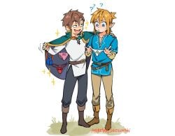 2boys ? absurdres angry artist_name belt blonde_hair blue_eyes blue_male_underwear blue_tunic blush boots breath_of_the_wild brown_belt brown_footwear brown_pants cape crossover earrings english_commentary funny grass green_cape highres holding holding_clothes holding_panties holding_underwear jewelry jitome jockstrap kono_subarashii_sekai_ni_shukufuku_wo! link link_(breath_of_the_wild) long_hair male_focus male_underwear multiple_boys panties pants patreon_username pink_panties pointy_ears red_panties satou_kazuma sidelocks simple_background snegovski sparkle the_legend_of_zelda the_legend_of_zelda:_breath_of_the_wild thong triforce_print tunic underwear white_background white_panties white_tunic