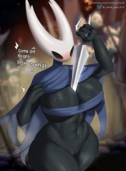 18_(artist) abs anthro anthrofied arthropod between_breasts big_breasts black_body blush bodily_fluids breasts cape clothing crowd english_text female female_focus female_the_knight_(hollow_knight) genitals group hi_res hollow_knight horn nail object_between_breasts protagonist_(hollow_knight) pussy solo sweat team_cherry text thick_thighs vessel_(species)