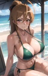 1girls ai_generated arm_support artist_request big_breasts bikini brown_eyes brown_hair busty cleavage green_bikini highschool_of_the_dead large_breasts legs long_hair looking_at_viewer navel rei_miyamoto sitting smile solo sweat thick_thighs thighs voluptuous