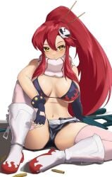 1girls arm_support big_breasts bikini bikini_top bikini_top_only busty cleavage female female_only large_breasts legs long_hair looking_at_viewer midriff monoi_daru navel ponytail red_hair sensual shorts sitting solo spread_legs tengen_toppa_gurren_lagann thighs yellow_eyes yoko_littner