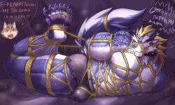 2boys abs anthro background_character biceps big_muscles blonde_hair body_fur bondage bound canine clothing collar fenrir fluffy_tail foster-tony male male_nipples male_only mammal muscles muscular_male no_visible_genitalia pecs penis_bulge purple_fur solo text