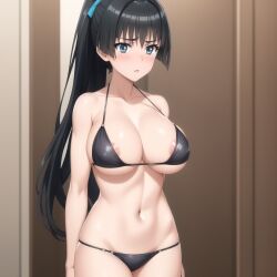 1girls ai_generated alternate_hairstyle aqua_eyes areola_slip arms_behind_back big_breasts bikini black_bikini black_hair breasts busty cleavage female female_only hi_res large_breasts legs long_hair navel ponytail saten_ruiko solo swimsuit thighs to_aru_kagaku_no_railgun to_aru_majutsu_no_index voluptuous