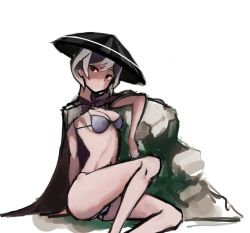 bikini black_and_white_hair breasts cape cleavage colored_sketch expressionless female female_only full_body hat headwear looking_away made_in_abyss medium_breasts ozen shaded_face short_hair sitting solo swimsuit yoonsemo