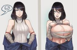 1girls alternate_breast_size big_breasts bigger_than_her_head black_hair blue_eyes blush breasts chest elden_ring female female_only fromsoftware hammerspace hidden_buxom hidden_curves huge_breasts looking_at_viewer magic open_mouth partially_clothed presenting scas shirt_lift smile solo sorceress_sellen standing