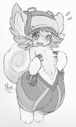 alternate_version_available animal_ears anthro blush covered_nipples covering_self curled_tail female female_only fluffy_ears fluffy_hair fluffy_tail full_body fur headgear headwear helmet humanoid looking_at_viewer made_in_abyss medium_breasts monochrome monster_girl nade_arts narehate official_alternate_costume open_mouth paws prushka short_hair smile solo tail topless topless_female