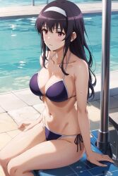 1girls ai_generated arm_support big_breasts bikini busty female female_only hairbow kasumigaoka_utaha large_breasts legs long_hair navel pool purple_hair saenai_heroine_no_sodatekata sitting solo thighs voluptuous water