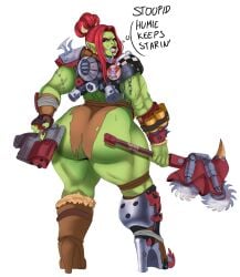 1girls ass english_text female female_only high_heel_boots high_heels huge_ass looking_at_viewer looking_back muscles muscular muscular_female orc orc_female ork solo solo_female sunnysundown text thick_thighs thought_bubble warhammer_(franchise) warhammer_40k wide_hips