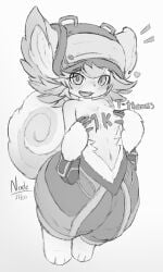 alternate_version_available animal_ears anthro blush body_writing covered_nipples covering_self curled_tail female female_only fluffy_ears fluffy_hair fluffy_tail full_body fur headgear headwear helmet humanoid looking_at_viewer made_in_abyss medium_breasts monochrome monster_girl nade_arts narehate official_alternate_costume open_mouth paws prushka short_hair smile solo tail topless topless_female