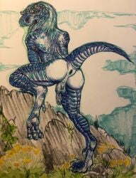 anthro anus ass balls biped blue_body blue_scales cloud dinosaur flaccid genitals hi_res humanoid_genitalia humanoid_penis justcartilage male nude outside penis raised_tail reptile scales scalie sky solo tail traditional_media_(artwork)