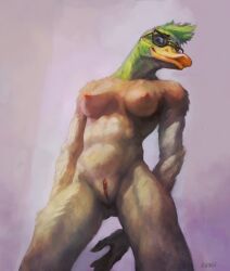 2023 anatid anseriform anthro avian beak biped bird breasts duck eyewear eyewear_only feathers female genitals glasses glasses_only hi_res klongi nipples non-mammal_breasts non-mammal_nipples nude pussy solo