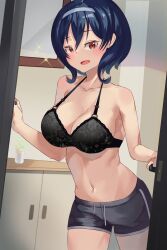 1girls belly_button black_bra blue_hair blush bra female female_only hairband happy light-skinned_female light_skin looking_at_viewer nnnhan_99 opening_door orange_eyes oumiya_emma prism_cerulea prism_project shorts solo virtual_youtuber welcoming