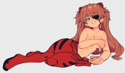 1girls asuka_langley_sohryu blue_eyes covered_nipples covering covering_breasts eye_patch half_naked long_hair neon_genesis_evangelion plugsuit rebuild_of_evangelion slammo smile smug solo tagme