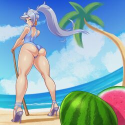 1:1 1girls a_(xenoblade) ass ass_focus back_view beach big_ass blue_eyes blue_hair blush blush choker clothing core_crystal earrings eyelashes female female_only footwear hi_res high_heels highres light-skinned_female light_skin long_hair looking_down low-angle_view nintendo outdoors outside palm_tree ponytail sand seaside skindentation sleepiitreat small_breasts smile smiling solo solo_female standing swimsuit thick_thighs video_games visor_cap watermelon wide_hips xenoblade_(series) xenoblade_chronicles_3 xenoblade_chronicles_3:_future_redeemed