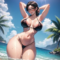 ai_generated armpits arms_behind_back arms_up beach big_breasts bikini black_hair cixf cum glasses huge_breasts miss_pauling revealing_bikini sweat sweaty team_fortress_2 tf2 thick_thighs voluptuous