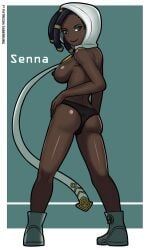 1girls african african_female black_hair black_panties boobs breasts breasts_out dark-skinned_female dark_skin dreadlocks earrings female female_only green_eyes hood league_of_legends looking_at_viewer looking_back panties rear_view riot_games saberrung senna_(league_of_legends) shaved_side shoes standing undercut undercut_dreads