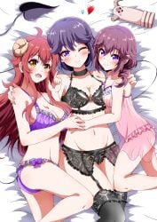 3girls ahoge bangs bed cleavage demon_tail dress eggman_(pixiv28975023) eyebrows_visible_through_hair female female_only frills garter_belt heart holding_hands horns long_hair looking_at_viewer lying lying_on_back lying_on_bed machikado_mazoku medium_breasts medium_hair oerba_yun_fang one_eye_closed open_mouth orange_eyes purple_eyes purple_hair red_hair see-through_clothing smile underwear yoshida_ryouko yoshida_seiko yoshida_yuuko_(machikado_mazoku)