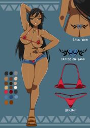 1girls bikini black_hair brown_eyes character_sheet dark-skinned_female dark_skin female female_only huge_breasts jean_shorts microshorts necklace original saberrung short_shorts tramp_stamp