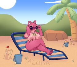 2022 alien alien_girl angel_(lilo_and_stitch) antennae_(anatomy) beach big_breasts black_eyes breasts bucket clear_sky commission commission_art detailed detailed_background disney exceldamage experiment_(lilo_and_stitch) eyewear female female_only hand_behind_head hawaii legs_crossed lilo_and_stitch palm_tree relaxing sand sand_castle shades shell_necklace shells sitting_on_chair smiling softcore solo solo_female thick_thighs