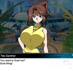 alternate_breast_size blue_eyes breasts brown_hair clothed clothing english_text female game_mod gigantic_breasts hair_ornament hair_scrunchie huge_breasts impossible_clothes impossible_shirt large_breasts looking_at_viewer mazaki_anzu mod ponytail screencap screenshot scrunchie shirt sleeveless sleeveless_shirt smile solo tea_gardner thesanstorm tight_clothes tight_shirt yellow_shirt yu-gi-oh! yu-gi-oh!_duel_links yu-gi-oh!_duel_monsters