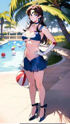 1girls ai_generated ai_mirror big_breasts bikini bishoujo_senshi_sailor_moon blue_eyes brown_hair clothing cosplay female female_only high_heels medium_breasts miniskirt naomi_wu poolside public sailor_senshi_uniform sexy_cyborg skirt small_top solo swimsuit