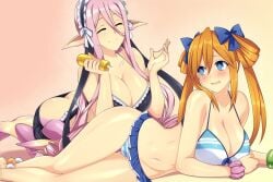 2girls bikini crossover female female_only lindaroze meroune_lorelei monster_girl monster_musume_no_iru_nichijou multiple_girls neptunia_(series) orange_heart