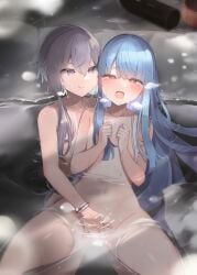 2girls blue_hair blush bottle closed_mouth collarbone commission completely_nude fingering groin hair_between_eyes kotonoha_aoi long_hair multiple_girls navel nude onsen open_mouth partially_submerged pixiv_commission purple_eyes purple_hair red_eyes shin_(new) short_hair_with_long_locks sidelocks smile voiceroid water yuri yuzuki_yukari