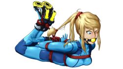 alpha_channel arms_behind_back ball_gag blinking blue_suit bondage for_sticker_use gag gag_bondage gagged hair_tied heel_boots heels hogtie metroid metroid_zero_mission nintendo no_background on_belly png rope rope_bondage rope_harness ropes samus_aran skin_tight sticker_template suit transparent_background transparent_png yukas_armstrong