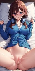 ai_generated arms_up ass bahamut0 blush bottomless breasts brown_hair cardigan cum cum_in_pussy embarrassed go-toubun_no_hanayome headphones looking_at_viewer missionary_position nakano_miku on_back on_bed pov pussy stable_diffusion sweater vagina