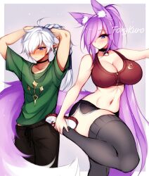 1boy 1girls alphinaud_leveilleur big_boobs big_breast big_breasts black_shorts blue_eyes chocker collar dirtykuro elf elf_ear elf_ears elf_male femboy fox_ears fox_girl foxgirl foxykuro girly green_shirt hair_covering_eye hair_covering_one_eye hair_over_eye hair_over_one_eye hair_over_one_eyes huge_breast huge_breasts kuro_(foxykuro) large_breast large_breasts long_hair long_purple_hair purple_eyes purple_hair purple_hair_female shorts sports_bra sports_shorts sportswear stockings white_hair