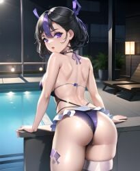 ai_generated alternate_costume ass ass_focus bare_shoulders big_ass big_butt bikini black_hair blush breasts bubble_butt female from_behind goddess_of_victory:_nikke hair_ribbon huge_ass leaning leaning_forward looking_at_viewer looking_back medium_breasts multicolored_hair open_mouth purple_eyes purple_hair shiny shiny_clothes shiny_hair shiny_skin short_hair sideboob single_thighhigh skirt smile solo swimsuit syuen_(nikke) tattoo thick_thighs thigh_strap thighhighs two-tone_hair