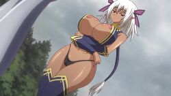 1girls areolae ass breasts brown_eyes clothing dark-skinned_female hips huge_breasts large_ass large_breasts nipples ochi_mono_rpg_seikishi_luvilias panties pointy_ears screencap thick_thighs thighs tia_(ochi_mono_rpg_seikishi_luvilias) white_hair wide_hips