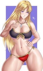 1girls alternate_costume arcedo ass_visible_through_thighs bare_thighs bikini black_bikini blonde_hair breasts bronze_felix clarisse_(fire_emblem) cleavage commission commission_art female female_only fire_emblem fire_emblem:_new_mystery_of_the_emblem grin large_breasts long_hair nintendo pointy_chin purple_eyes red_bikini smile solo swimsuit thick_thighs thighs very_long_hair