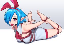 anime arms_tied_to_legs ball_gag bare_arms bare_legs bare_shoulders barefoot blue_hair bondage bound bunny_ears collar disgaea female female_only femsub fully_clothed gag gag_bondage gagged handsofmidaz jpg legs_apart nippon_ichi_software on_belly pleinair rope rope_between_breasts rope_bondage rope_harness shiny tight_dress transparent_hair white_dress