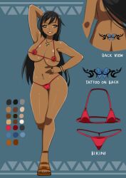 1girls bikini black_hair brown_eyes character_sheet dark-skinned_female dark_skin female female_only huge_breasts necklace original saberrung tramp_stamp