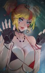 1female 1girls absurdres against_glass araneesama batman_(series) big_breasts bikini blonde_hair blue_eyes breasts cutesexyrobutts_(style) dc dc_comics female harley_quinn light-skinned_female micro_bikini scary_woman